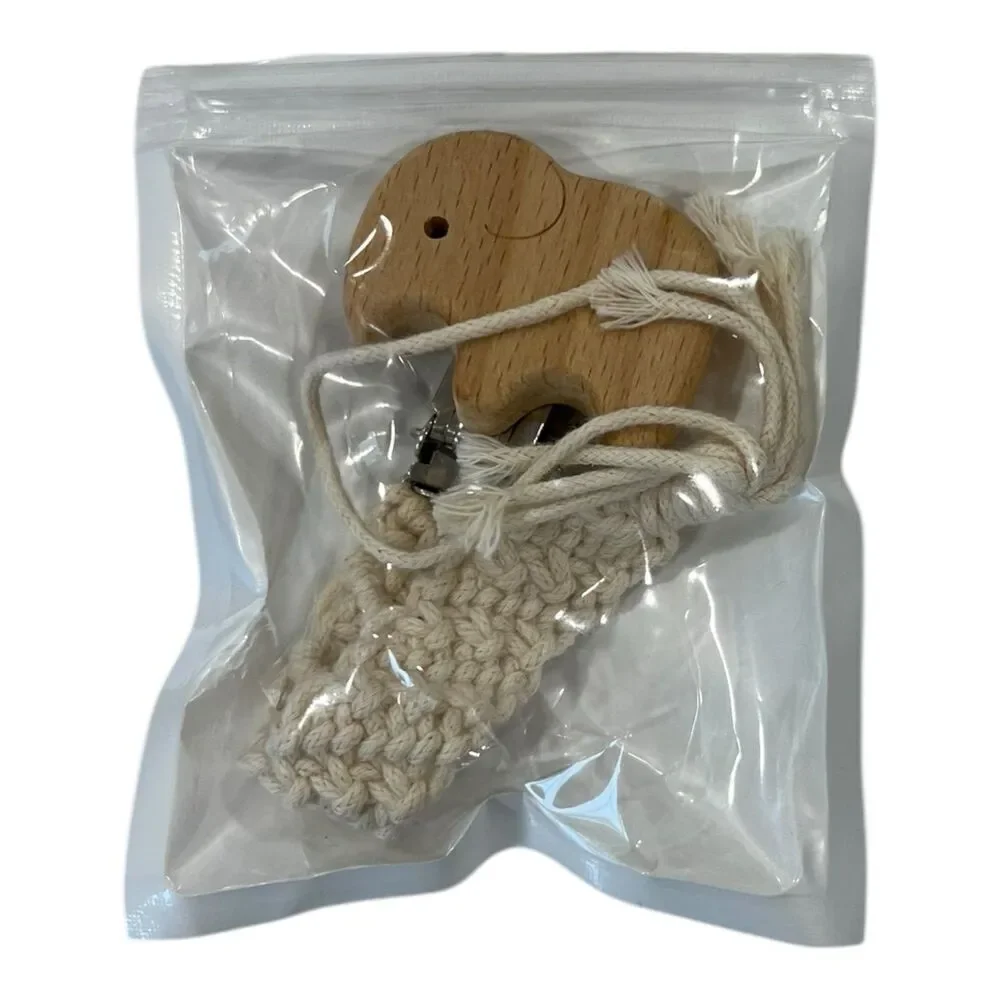 Baby Beige Macrame Braided Crochet Wooden Elephant Pacifier Clip